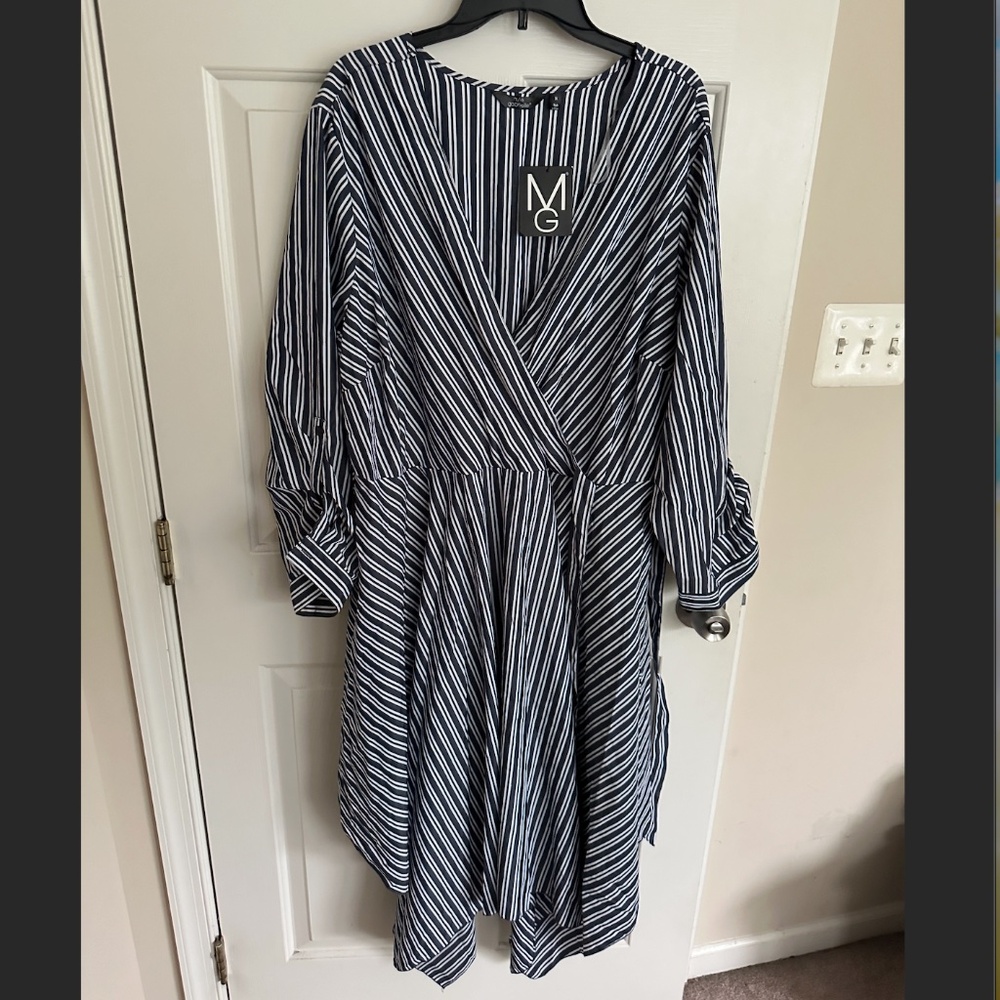 Blue Striped Roll Tab Sleeve Faux Wrap Dress